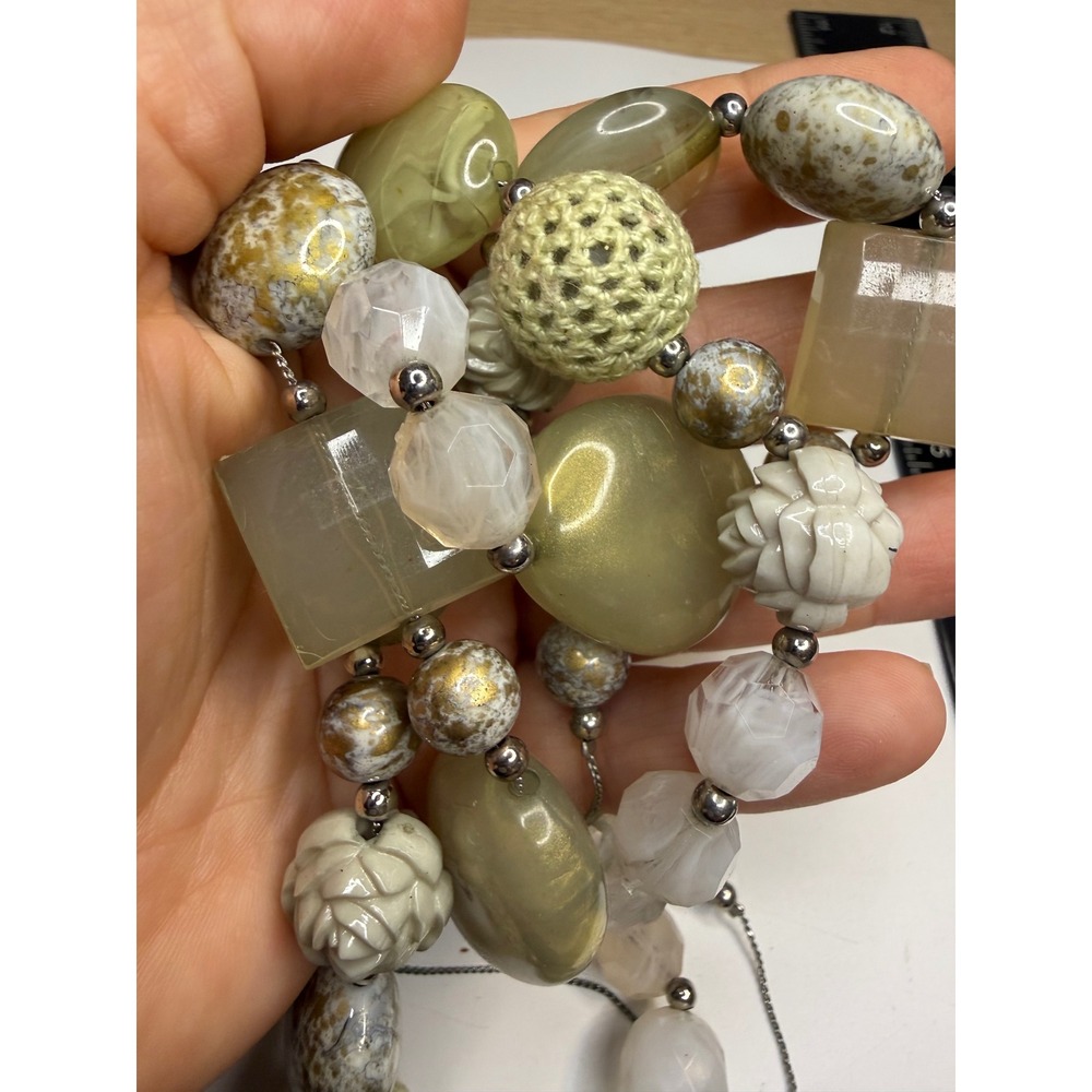 Mixed Media Statement Necklace Sage Green Cream Crochet Bead Long